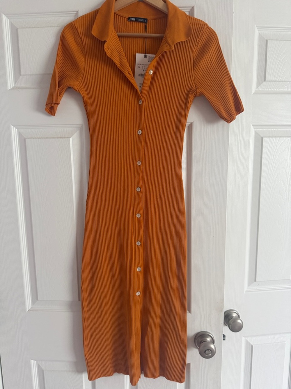 Zara Burnt Orange Ribbed Button-Down Midi Dress